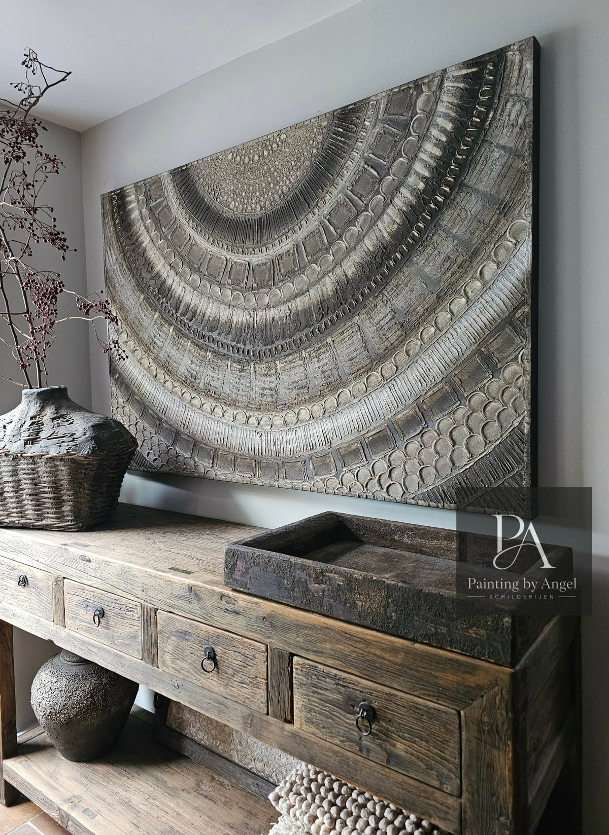 Pintura abstracta con textura de mandala natural en tonos marrones, 100x150