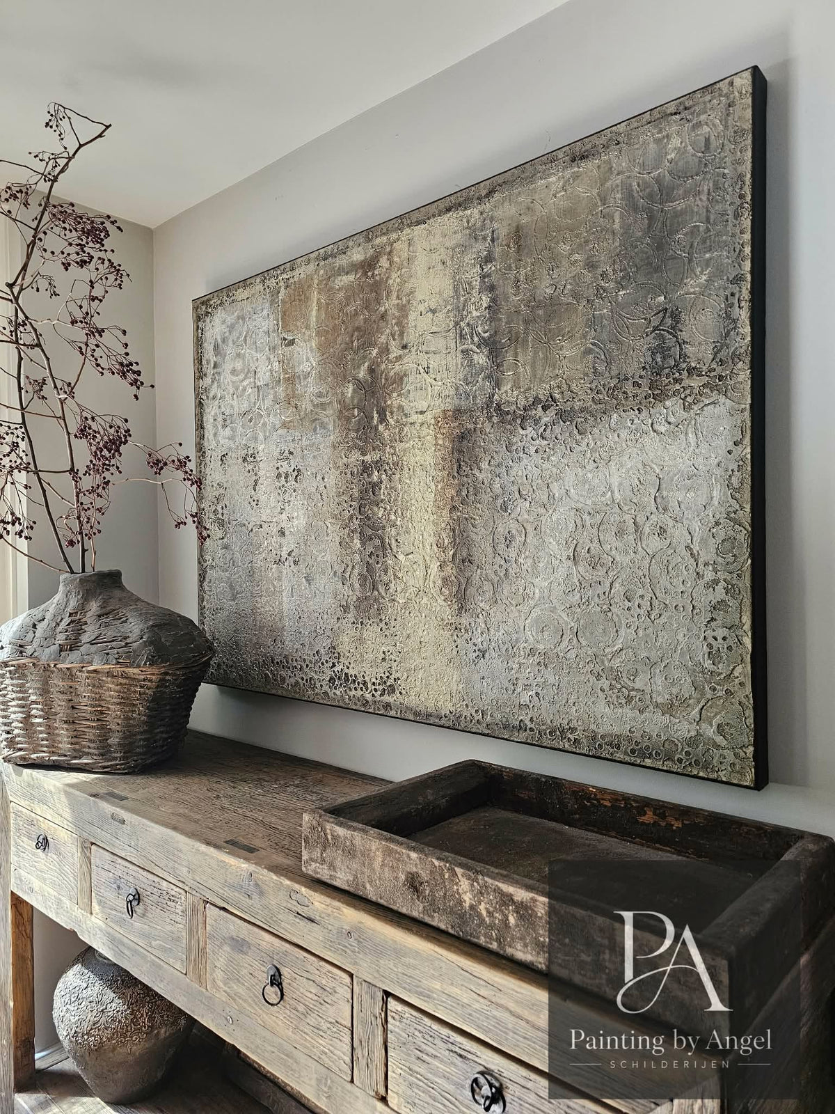Vintage stoer landelijk abstract schilderij
